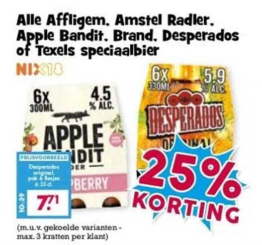 Alle Affligem, Amstel Radler, Apple Bandit, Brand, Desperados of Texels speciaalbier