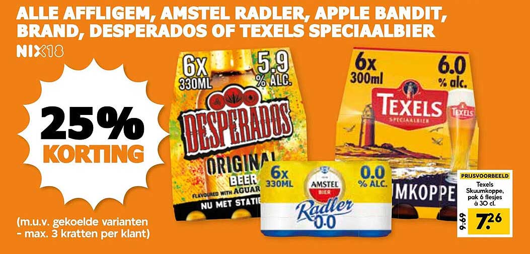 Alle Affligem, Amstel Radler, Apple Bandit, Brand, Desperados of Texels Speciaalbier NIX18