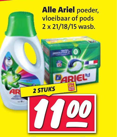 Alle Ariel poeder, vloeibaar of pods 2 x 21/18/15 wasb.