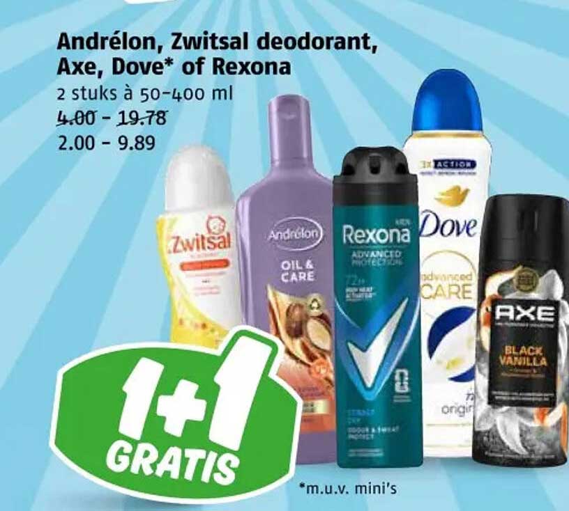 Andrélon, Zwitsal deodorant, Axe, Dove* of Rexona 2 stuks à 50-400 ml