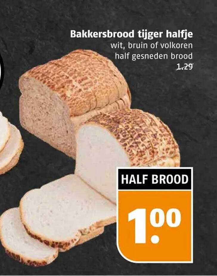 Bakkersbrood tijger halfje wit, bruin of volkoren half gesneden brood