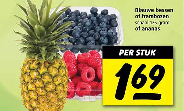Blauwe bessen of frambozen schaal 125 gram of ananas