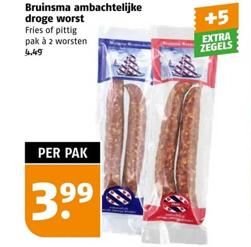 Bruinsma ambachtelijke droge worst Fries of pittig pak à 2 worsten