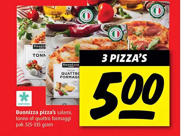 Buonizza pizza's salami, tonno of quattro formaggi pak 325-335 gram