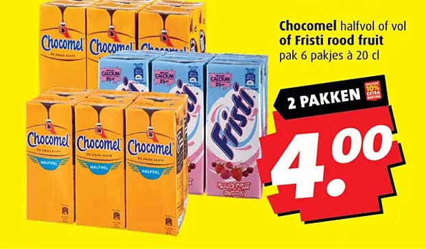 Chocomel halfvol of vol of Fristi rood fruit pak 6 pakjes à 20 cl