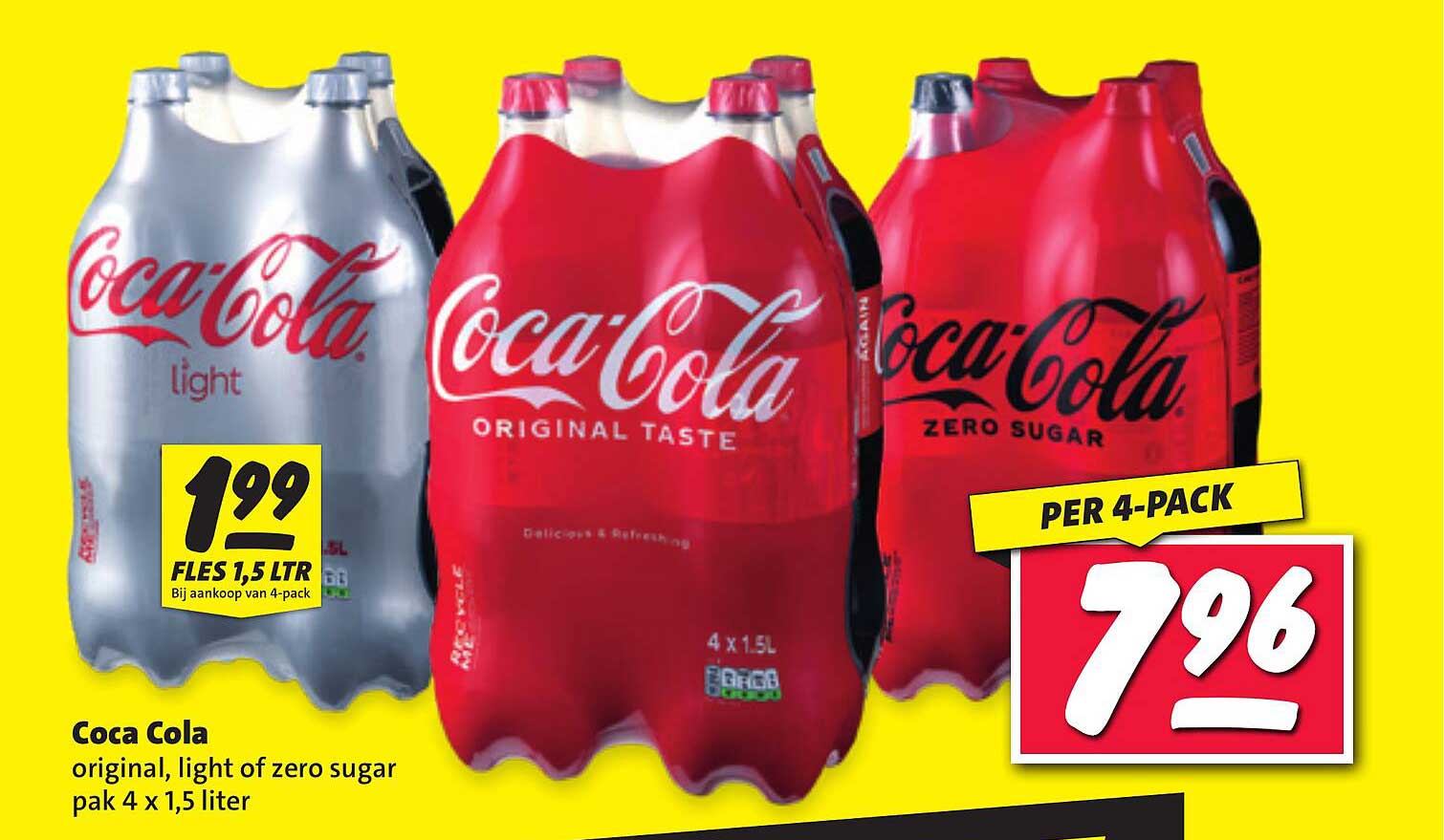 Coca Cola original, light of zero sugar pak 4 x 1,5 liter