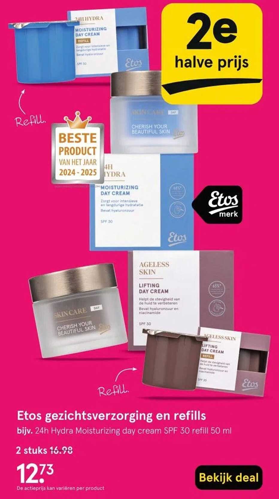 Etos gezichtsverzorging en refills bijv. 24H Hydra Moisturizing day cream SPF 30 refill 50 ml