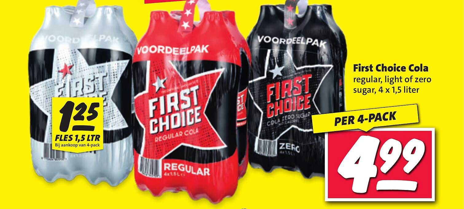First Choice Cola regular, light of zero sugar, 4 x 1,5 liter