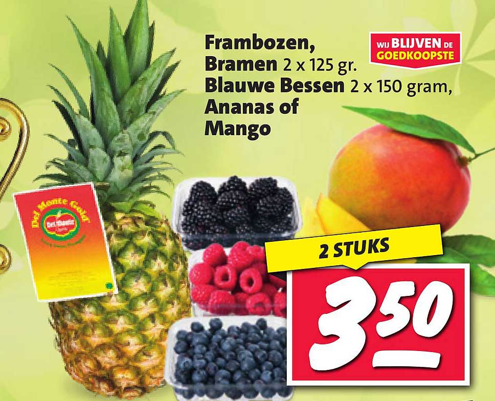 Frambozen, Bramen 2 x 125 gr. Blauwe Bessen 2 x 150 gram, Ananas of Mango