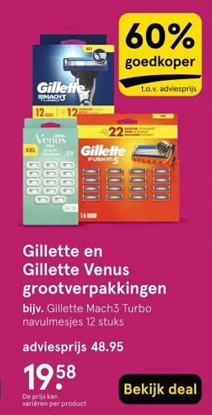 Gillette en Gillette Venus grootverpakkingen bijv. Gillette Mach3 Turbo navulmesjes 12 stuks