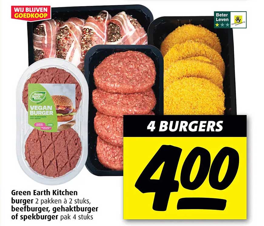Green Earth Kitchen burger 2 pakken à 2 stuks, beefburger, gehaktburger of spekburger pak 4 stuks