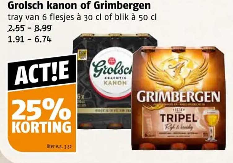Grolsch kanon of Grimbergen tray van 6 flesjes à 30 cl of blik à 50 cl