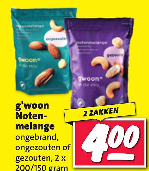 g'woon Notenmelange ongebrand, ongezouten of gezouten, 2 x 200/150 gram
