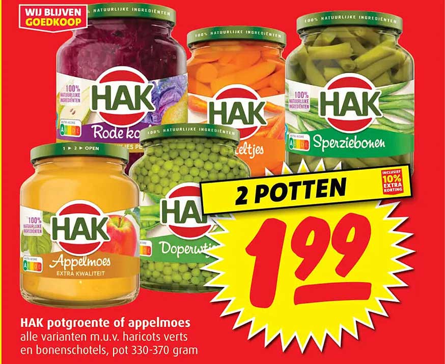 HAK potgroente of appelmoes alle varianten m.u.v. haricots verts en bonenschotels, pot 330-370 gram