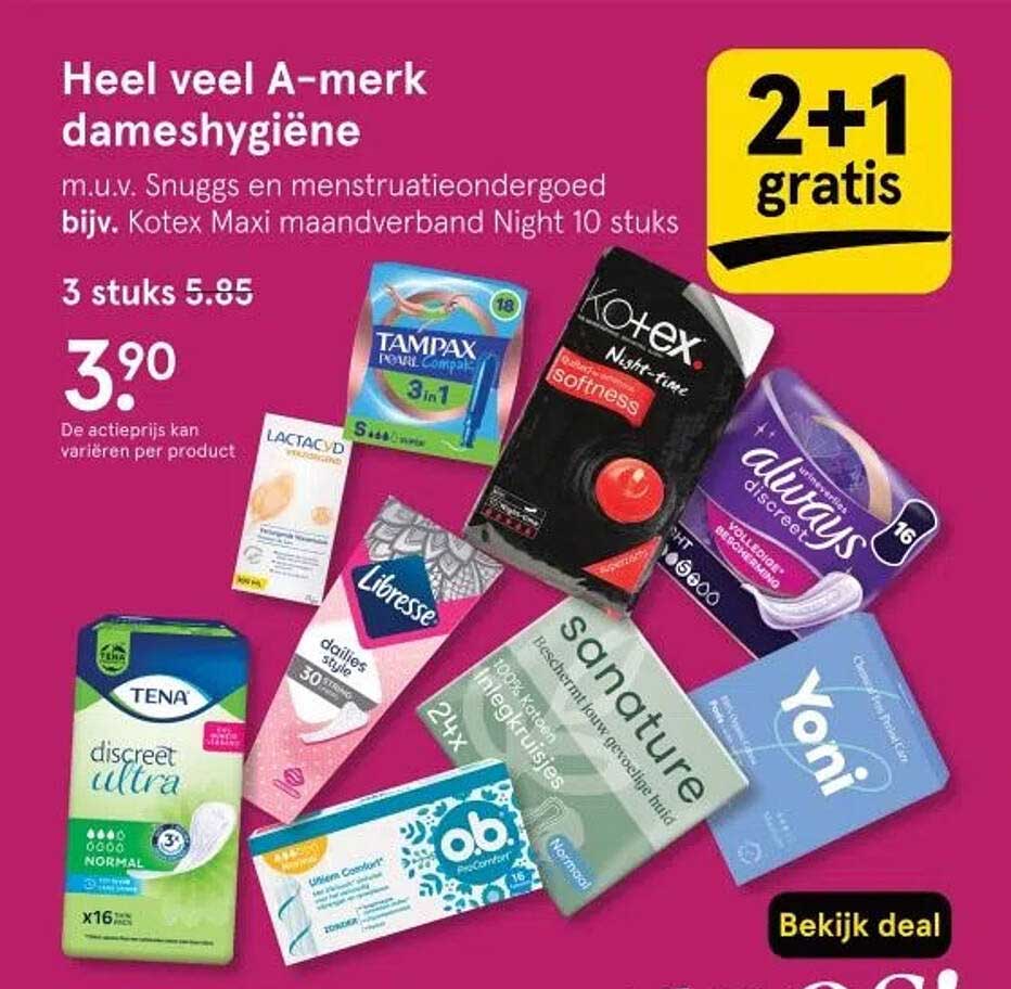 Heel veel A-merk dameshygiëne m.u.v. Snuggs en menstruatieondergoed bijv. Kotex Maxi maandverband Night 10 stuks
