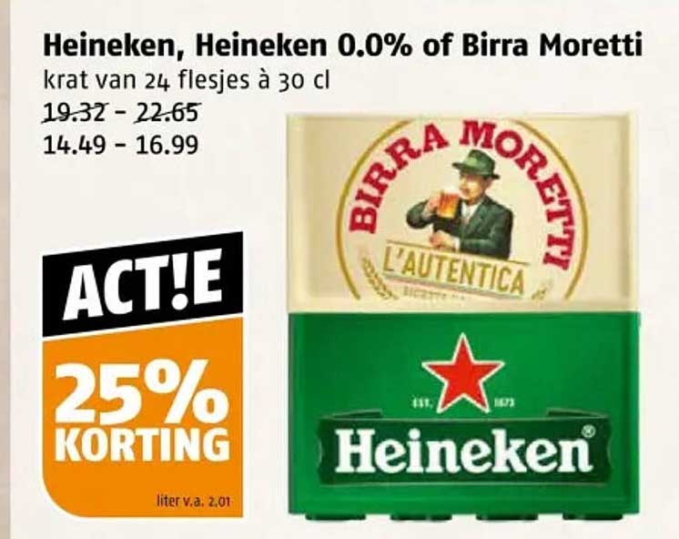Heineken, Heineken 0.0% of Birra Moretti kratten van 24 flesjes à 30 cl