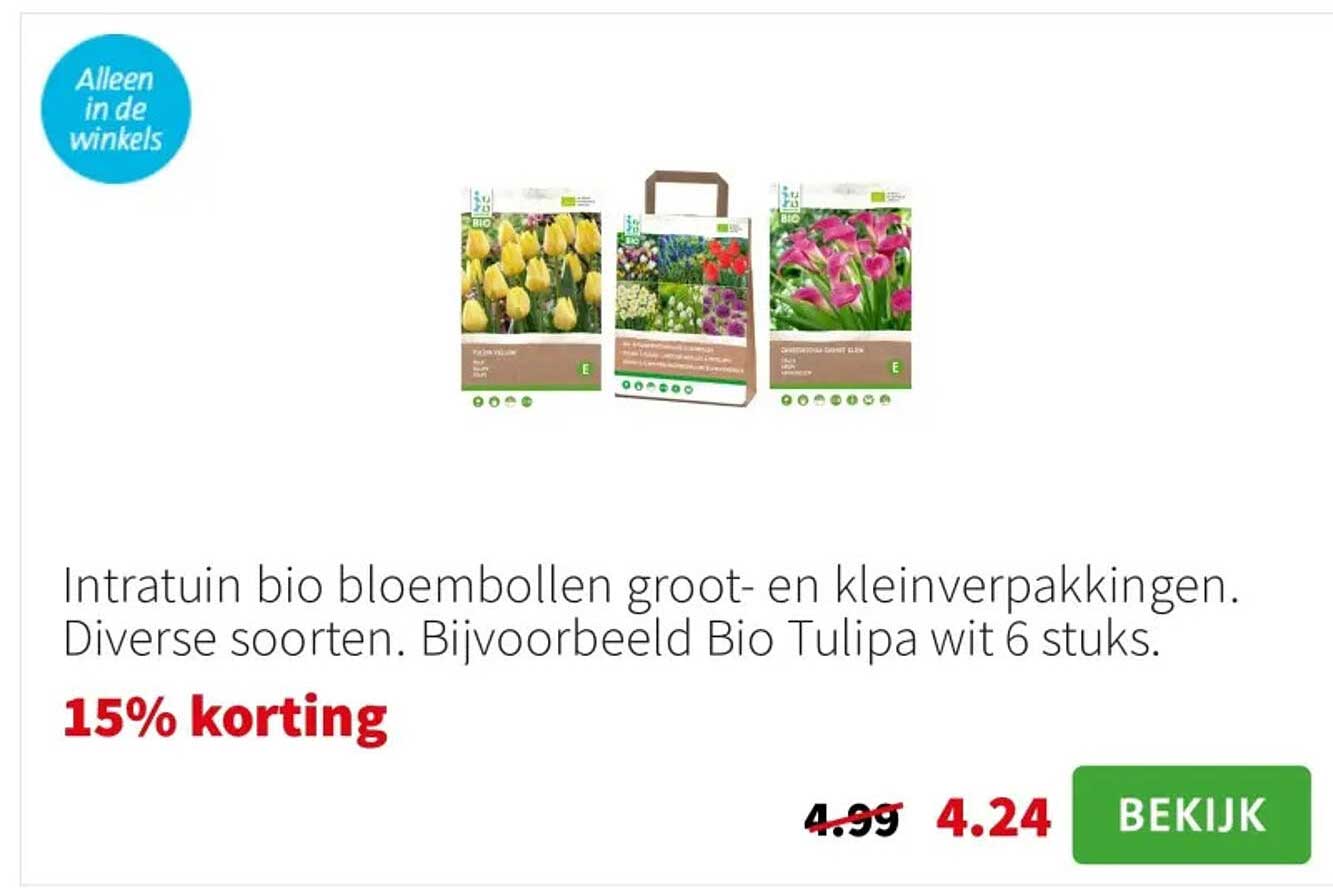 Intratuin bio bloembollen groot- en kleinverpakkingen. Diverse soorten. Bijvoorbeeld Bio Tulipa wit 6 stuks.