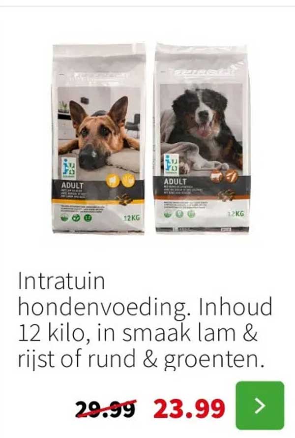 Intratuin hondenvoeding. Inhoud 12 kilo, in smaak lam & rijst of rund & groente.