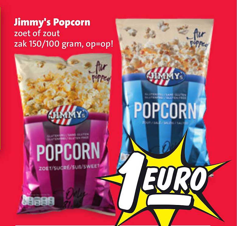Jimmy's Popcorn zoet of zout zak 150/100 gram, op=op!