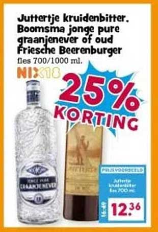 Juttertje kruidenbitter. Boomsma jonge pure graanjenever of oud Friese Beerenburger fles 700/1000 ml.