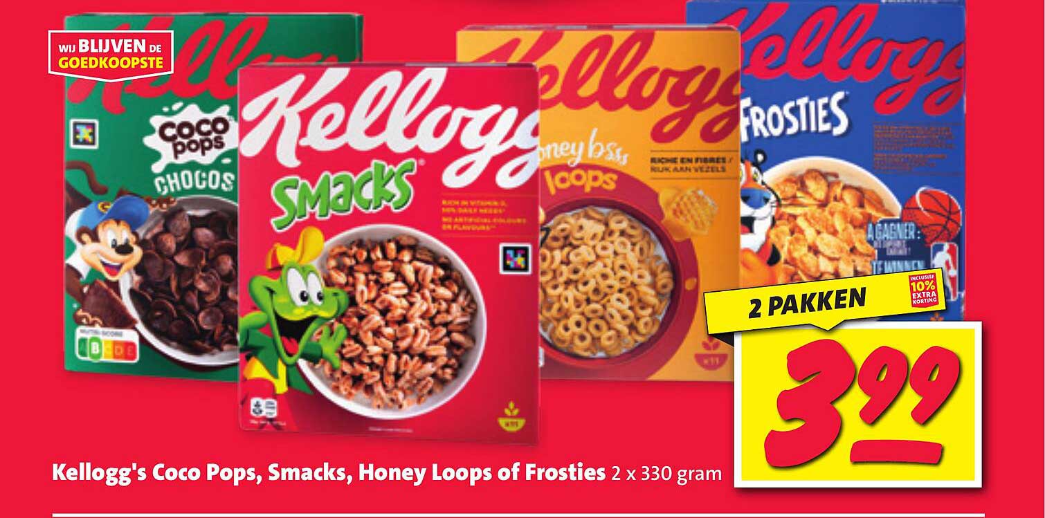 Kellogg's Coco Pops, Smacks, Honey Loops of Frosties 2 x 330 gram