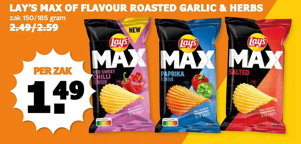 LAY'S MAX OF FLAVOUR ROASTED GARLIC & HERBS zak 150/185 gram