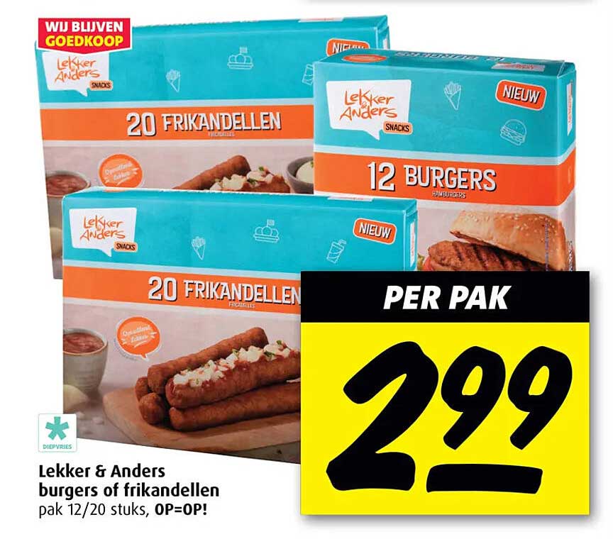 Lekker & Anders burgers of frikandellen pak 12/20 stuks, OP=OP!