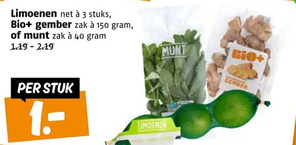 Limoenen net à 3 stuks, Bio+ gember zak à 150 gram, of munt zak à 40 gram