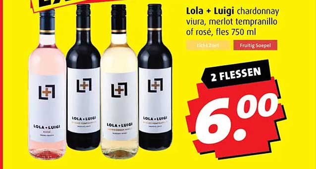 Lola + Luigi chardonnay viura, merlot tempranillo of rosé, fles 750 ml