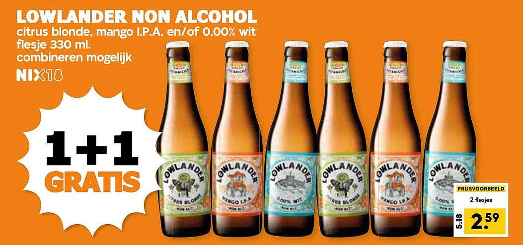 LOWLANDER NON ALCohol citrus blonde, mango I.P.A. en/of 0.00% wit flesje 330 ml.