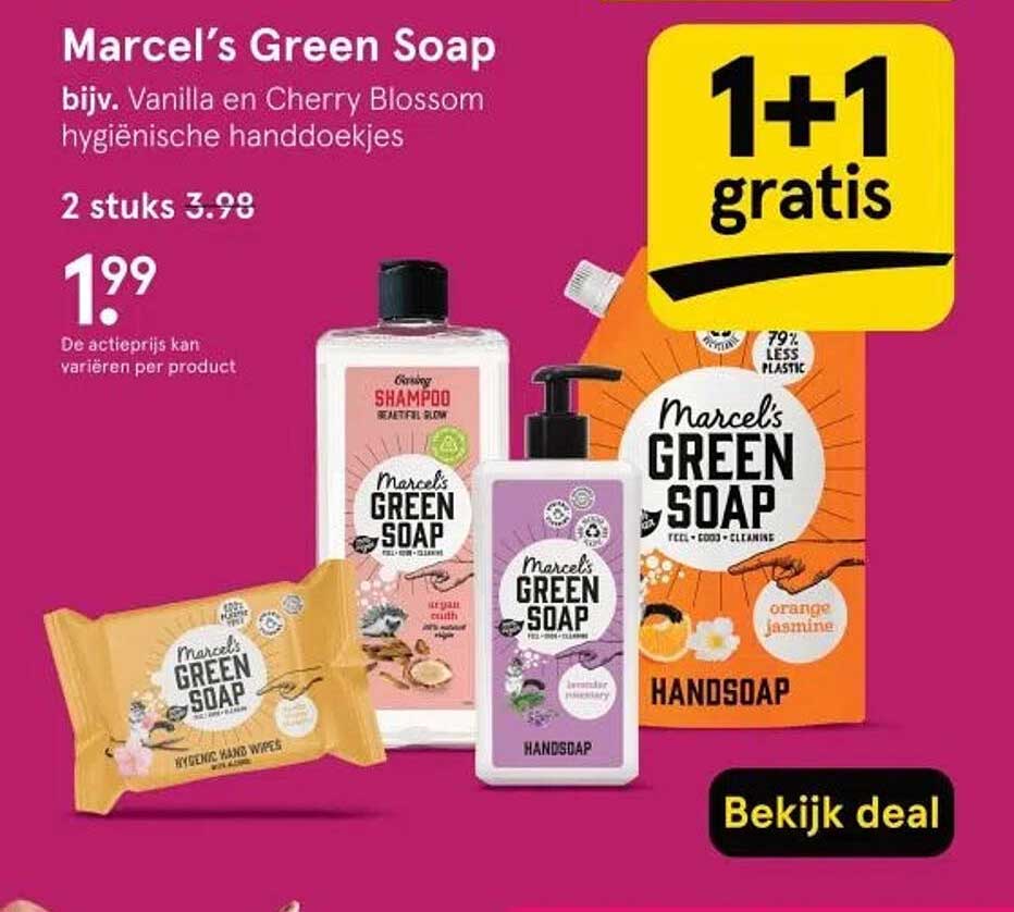 Marcel's Green Soap bijv. Vanilla en Cherry Blossom hygiënische handdoekjes