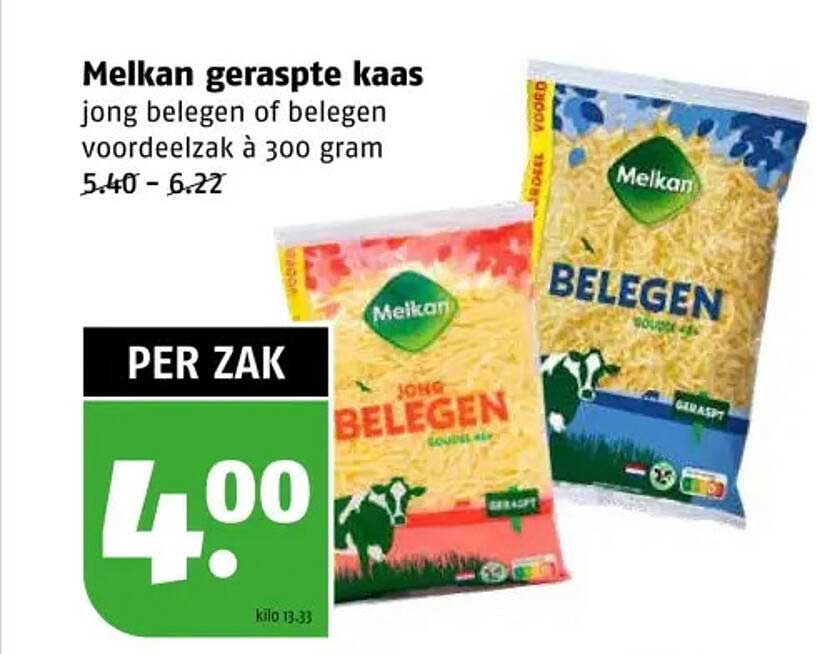 Melkan geraspte kaas jong belegen of belegen voordeelzak à 300 gram