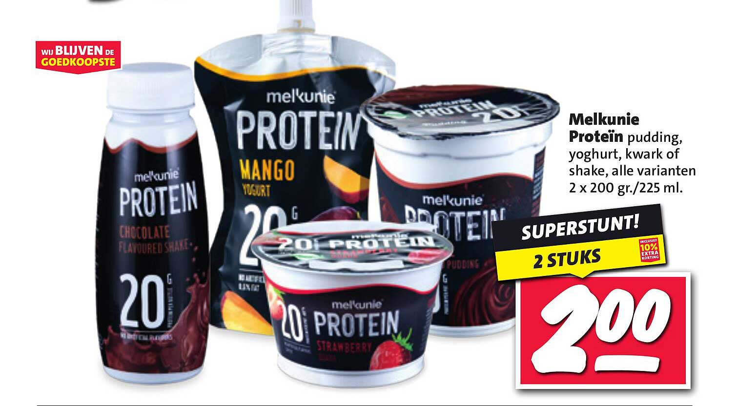 Melkunie Proteïne pudding, yoghurt, kwark of shake, alle varianten 2 x 200 gr./225 ml.