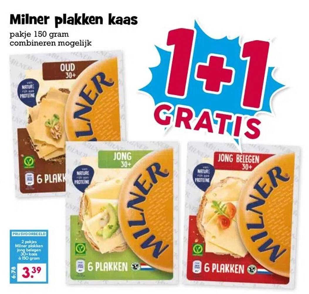 Milner plakken kaas 1+1 gratis