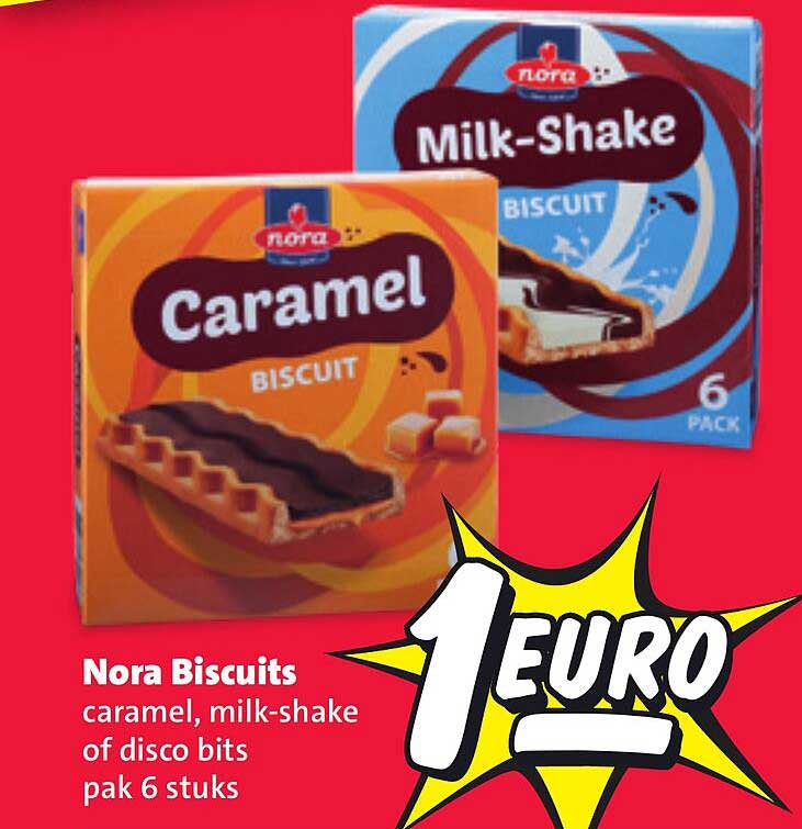 Nora Biscuits caramel, milk-shake of disco bits pak 6 stuks