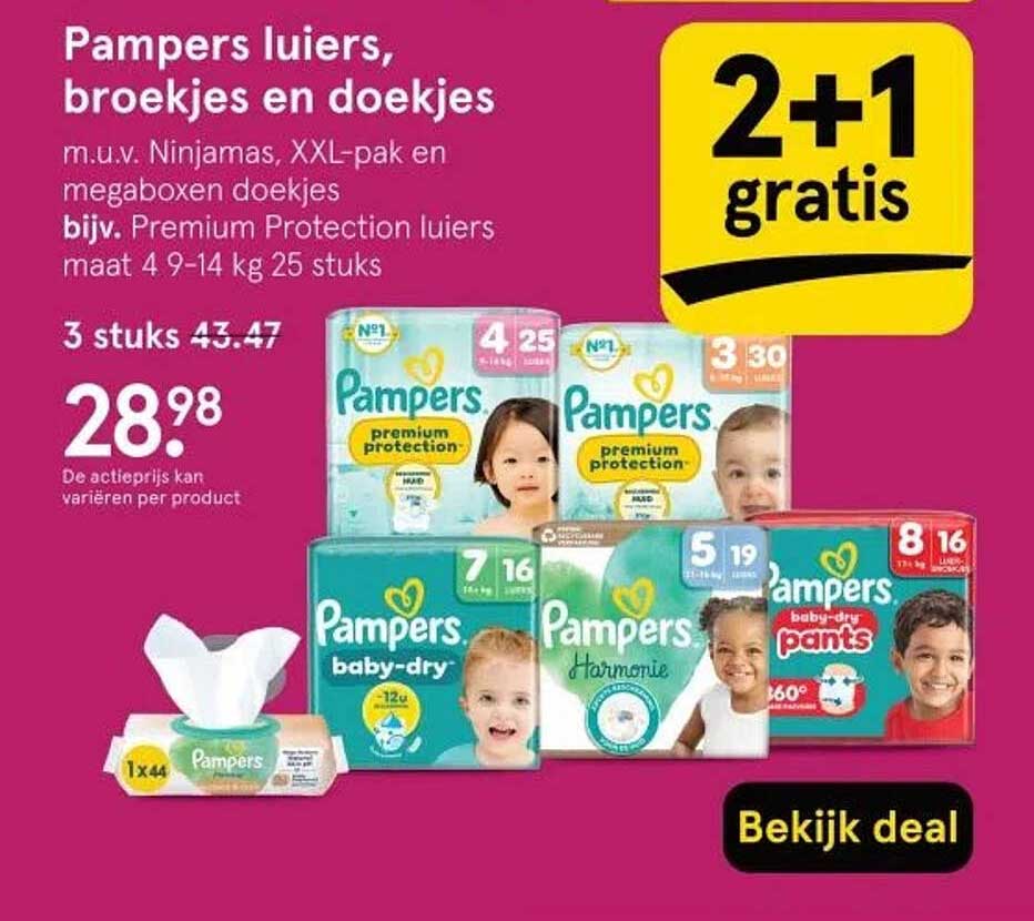 Pampers luiers, broekjes en doekjes m.u.v. Ninjamás, XXL-pak en megaboxen doekjes
