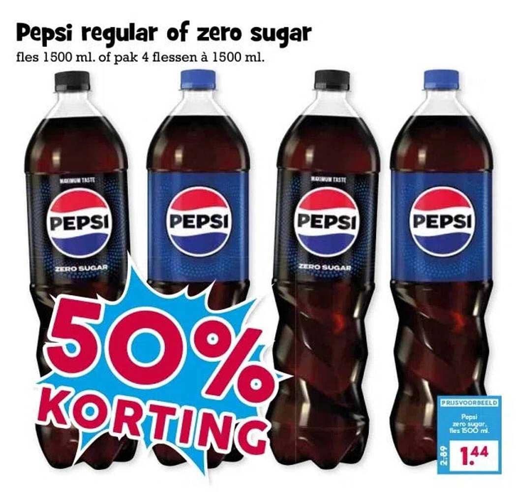 Pepsi regular of zero sugar fles 1500 ml. of pak 4 flessen à 1500 ml.