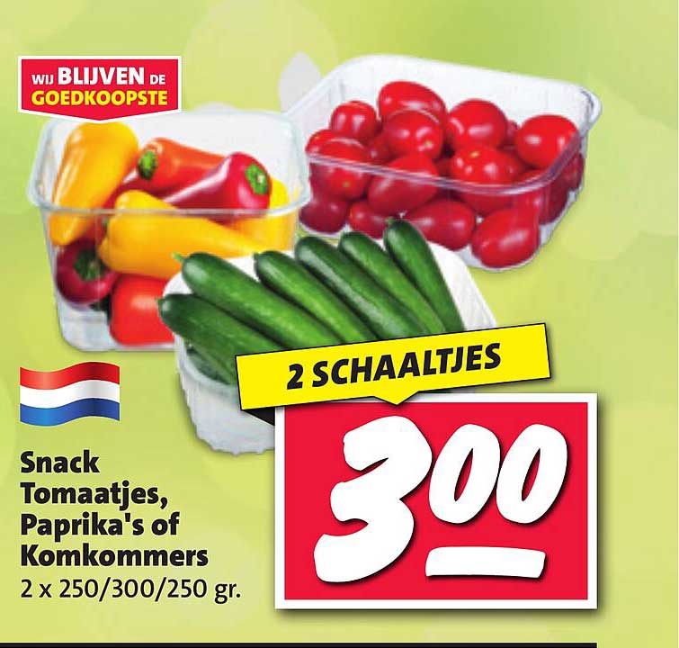 Snack Tomaatjes, Paprika's of Komkommers 2 x 250/300/250 gr.