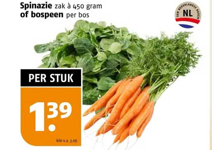 Spinazie zak à 450 gram of bospeen per bos