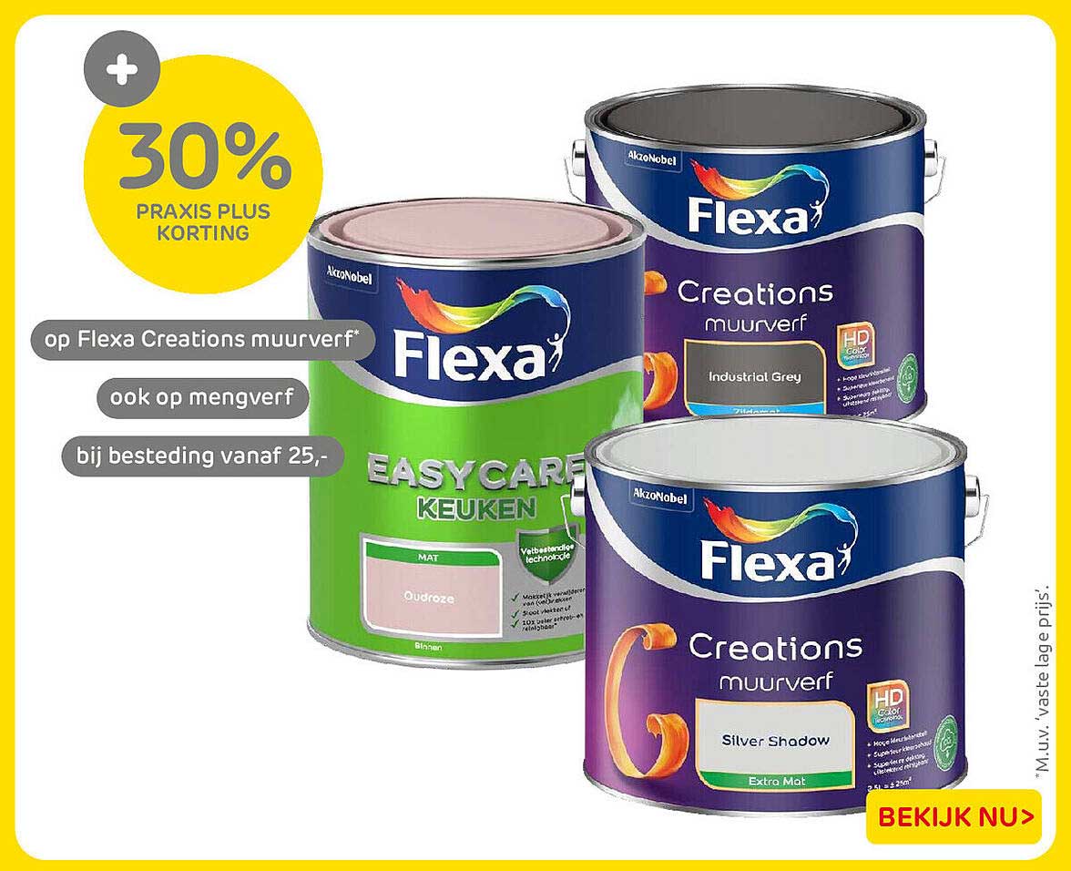 30% Praxis Plus korting op Flexa Creations muurverf* ook op mengverf bij besteding vanaf 25,-