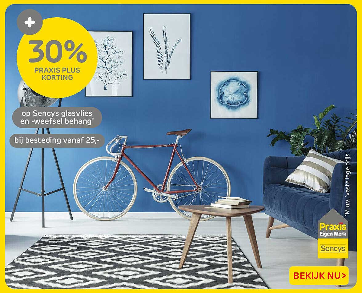 30% Praxis Plus korting op Sencys glasvlies en -weefsel behang bij besteding vanaf 25,-