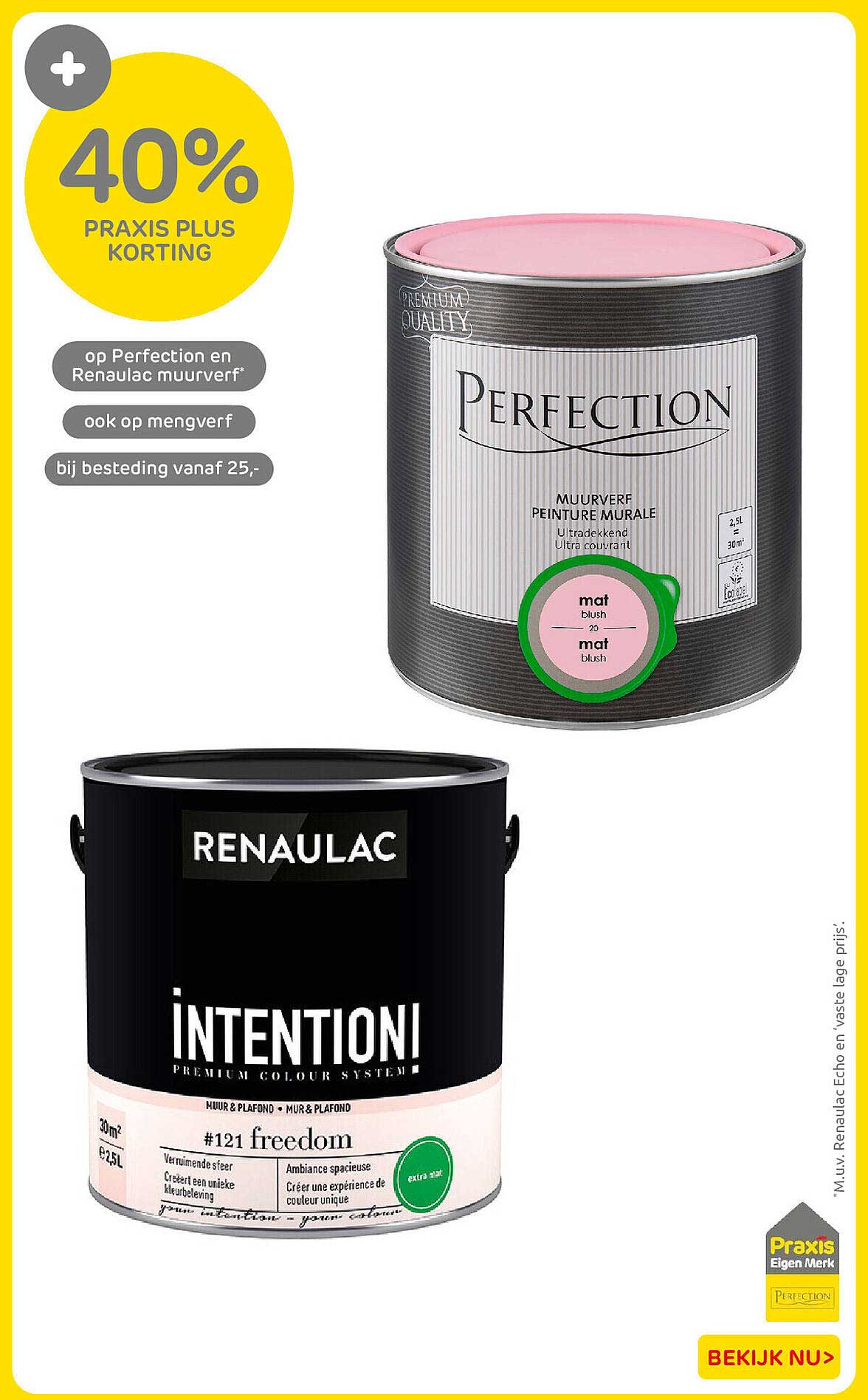 40% Praxis Plus korting op Perfection en Renaulac muurverf* ook op mengverf* bij besteding vanaf 25,-