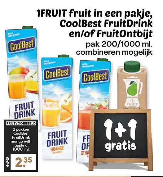 1FRUIT fruit in een pakje, CoolBest FruitDrink en/of FruitOntbijt pak 200/1000 ml. combineren mogelijk 1+1 gratis