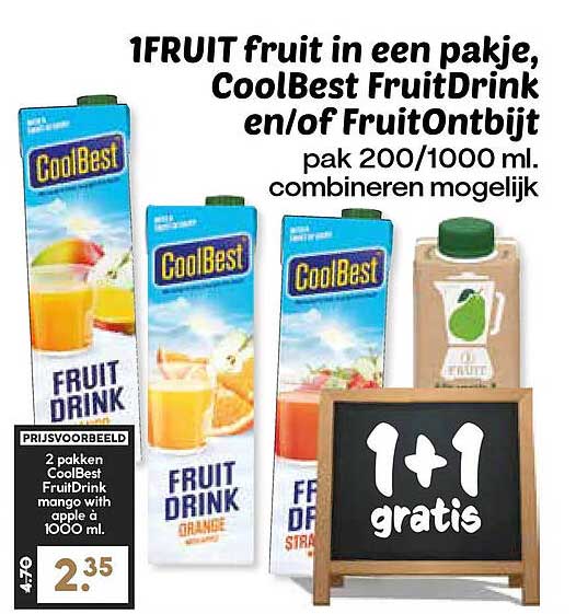 1FRUIT fruit in een pakje, CoolBest FruitDrink en/of FruitOntbijt pak 200/1000 ml. combineren mogelijk 1+1 gratis