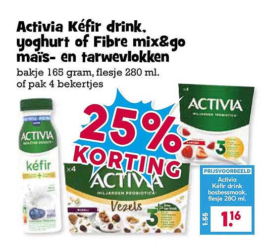 Activia Kéfir drink, yoghurt of Fibre mix&go maïs- en tarwevlokken 25% KORTING