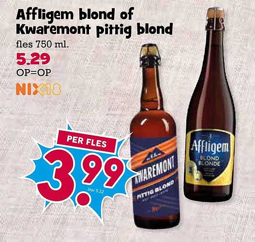 Affligem blond of Kwaremont pittig blond fles 750 ml PER FLES