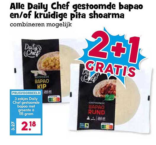 Alle Daily Chef gestoomde bapao en/of kruidige pita shoarma 2+1 GRATIS