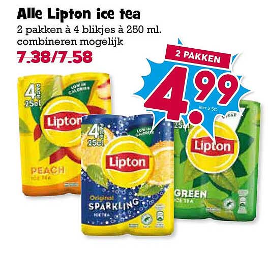 Alle Lipton ice tea 2 pakken à 4 blikjes à 250 ml. combineren mogelijk 2 pakken