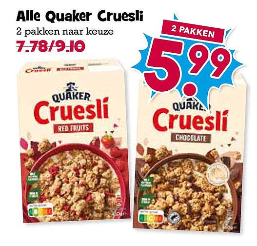 Alle Quaker Cruesli 2 pakken naar keuze