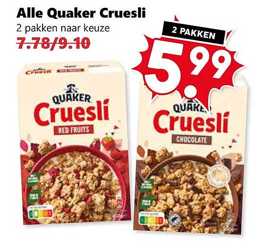 Alle Quaker Cruesli 2 pakken naar keuze